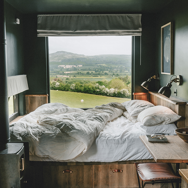 Bedroom of a cabin in the Shropshire countryside