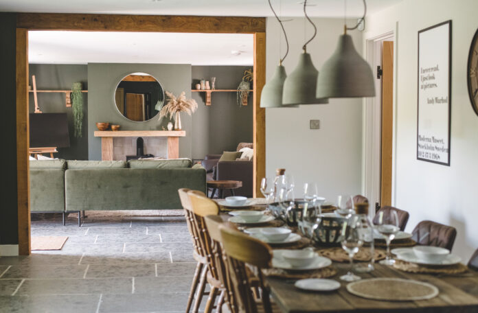 Dining area into living room at Lower Well Farmhouse, Devon